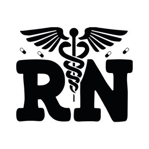 May include: Black and white graphic design of the letters RN with a caduceus symbol in between. The caduceus has wings and is surrounded by four small pills.