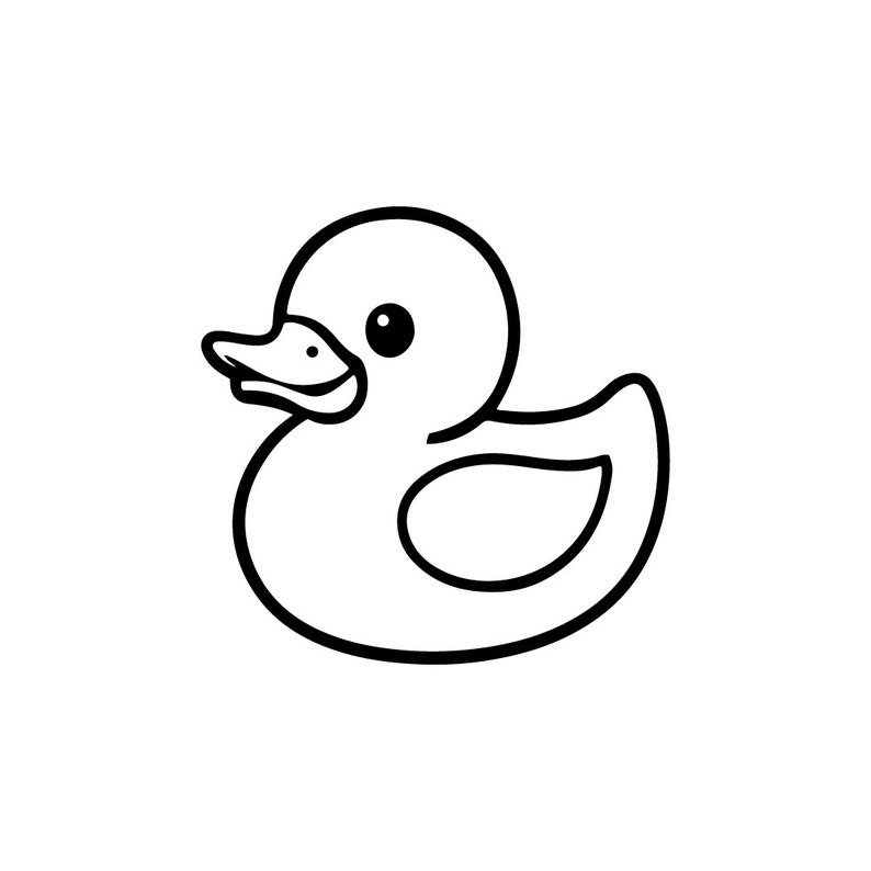 May include: A black and white line drawing of a rubber ducky. The ducky has a rounded body and a small beak.