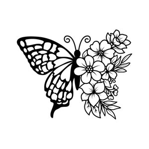 Mariposa floral SVG, Clipart de mariposa, Arte lineal de flores Mariposa Archivos Svg para Cricut Silhouette, Png, Eps, Dxf