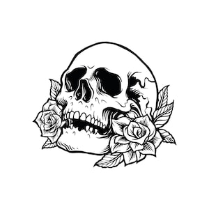 May include: Black and white illustration of a skull with a rose in its mouth. The skull is drawn in a detailed style, with visible teeth and eye sockets. The rose is a classic design with petals and leaves.