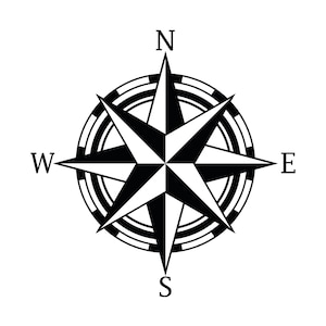 May include: A black and white compass with the cardinal directions N, S, E, and W.