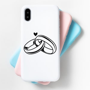 May include: A white phone case with a black outline of two interlocking rings and a small heart above them.