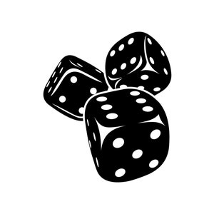 May include: Three black dice with white dots, in a pile, against a white background.