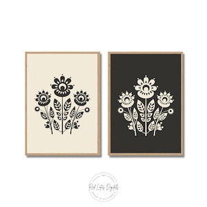 Boho Floral Art Prints: Scandinavian Folk Art, Beige & Black (Set of 2) (Digital Download)