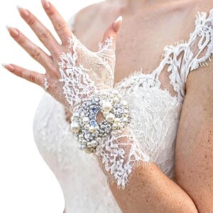 Boho Bridal Set, Pizzo Bianco con Perle e Dettagli Strass
