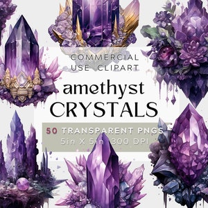 50 Floral Amethyst Crystals Clipart, February Birthstone Clipart, Gemstone transparent png- Digital watercolor pack- commercial use, bundle