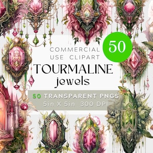 50 Tourmaline Jewels Clipart, October Birthstone Clipart, Gemstone transparent png- Digital watercolor BUNDLE victorian fantasy gemstones