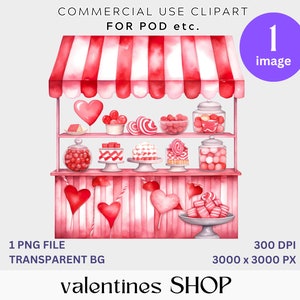 Valentine's day candy store, Clipart Watercolor, SINGLE IMAGE, Commercial License, Transparent Png, Junk Journals, Digital, sublimation POD