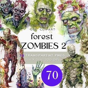 70 PNG Forest Zombies 2, Halloween Clipart Bundle, Fantasy undead, wandelende lijk aquarel begraafplaatsen en graven, Commercieel Gebruik, digitaal