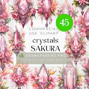 Rosa Frühling Sakura Kristall Juwelen Clipart, Goth Edelstein Clipart, transparente Pngs, digitales Aquarell BUNDLE viktorianischen Steampunk-Fantasy