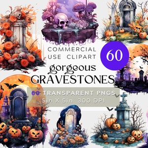60 PNG grafsteen en grafsteen clipart, grillige halloween graven en begraafplaatsen, transparante clipart bundel, commercieel gebruik, met schedels