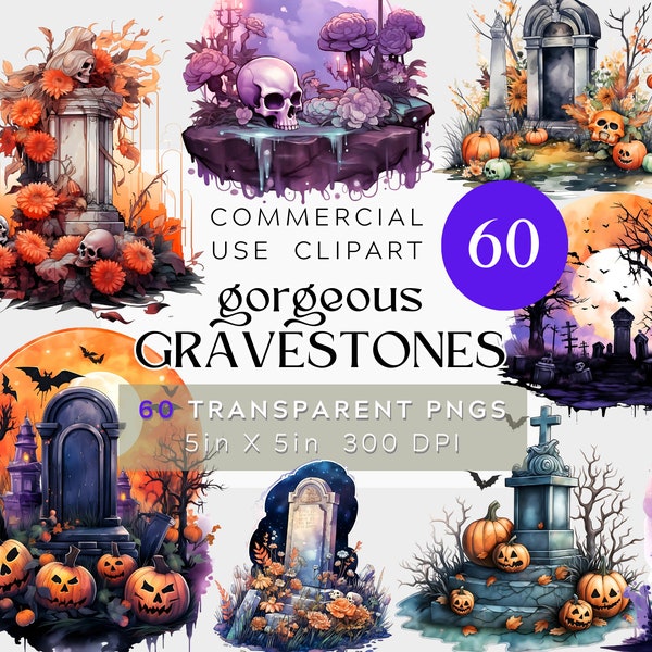 60 PNG Pierre tombale et Tombstone Clipart, tombes et cimetières fantaisistes d’Halloween, transparent Clipart BUNDLE, utilisation commerciale, avec des crânes