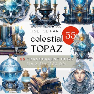 55 Celestial Blue Topaz Crystal Clipart, December Birthstone Clipart, Gemstone transparante png Digitale aquarel BUNDEL kaarsen boeken altaar