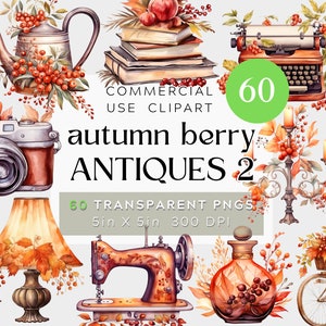 60 PNG Fall/Autumn Antiques 2 Clipart Bundle, berries and leaves elegant retro items, camera, birdcage, bicycle, book Commercial Use Digital