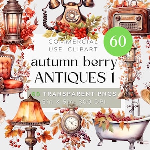 60 PNG Otoño/Otoño Antigüedades Clipart Bundle, bayas y hojas elegantes artículos retro, lámparas, sombreros, relojes, sillas, etc., Uso comercial, Digital