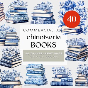 May include: 40 digital illustrations of blue and white chinoiserie style books with floral accents. The books are stacked in various arrangements and are perfect for adding a touch of elegance to your designs.
