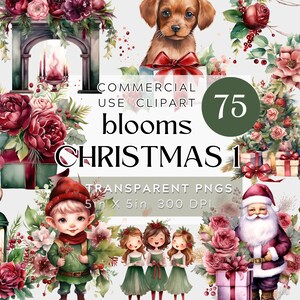 Puede incluir: Un conjunto de 75 ilustraciones navideñas de acuarela que presentan una variedad de elementos festivos, incluyendo una chimenea, un árbol de Navidad, un Papá Noel, una casa de jengibre, un cachorro, una linterna, una niña con una corona, un duende y un grupo de niñas cantando. Las ilustraciones están en un esquema de color rojo, verde y blanco y son perfectas para agregar un toque de alegría navideña a tus proyectos.