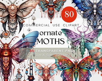 80 PNG Paquete de diseño gráfico de polilla ornamentada, ilustración en acuarela, uso comercial, Moth Beautiful Witchy PNG con fondo transparente