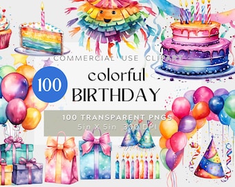 Könnte beinhalten: 100 bunte Geburtstags-Clipart-Bilder. Die Bilder beinhalten Ballons, Geschenke, Partyhüte, Kerzen, Kuchen und eine Piñata. Die Bilder sind alle Aquarell-Illustrationen und perfekt, um Ihren Geburtstagsprojekten eine festliche Note zu verleihen.