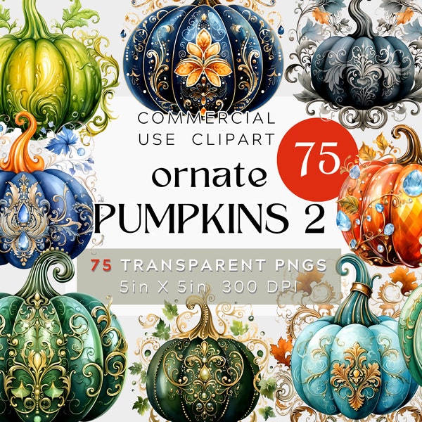 75 PNG Ornate Pumpkins 2 Halloween Clipart Bundle, Fantasy Cute and elegant Pumpkins, thanksgiving and halloween, Commercial Use, Digital