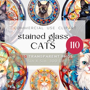 110 PNG Buntglas Katzen Designs, Mandala Aquarell Clipart BUNDLE Buntglas KATZEN, Kathedrale Katzen Transparente Kommerzielle Nutzung