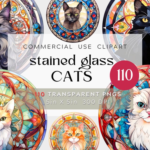 110 PNG Stained Glass Cat Designs,  Mandala Watercolor Clipart BUNDLE Stained Glass CATS, Cathedral Cats Transparent Commercial Use