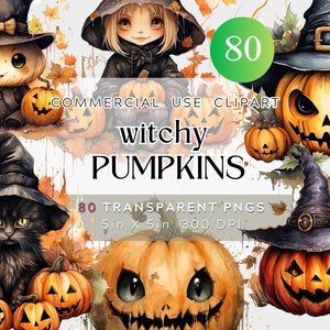 80 PNG 魔女のカボチャのハロウィーン クリップアート バンドル、ファンタジーのかわいい怖いカボチャと帽子をかぶった魔女、商用利用、デジタル ファイル