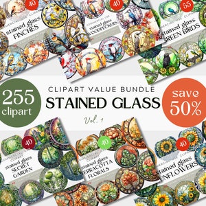 May include: A digital download of 255 stained glass clipart images in a value bundle. The images feature various themes, including finches, woodpeckers, green birds, a secret garden, terracotta florals, and sunflowers. The bundle is available for commercial use and includes a 50% discount.