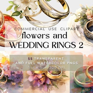 May include: A set of 55 watercolor PNG images featuring wedding rings and flowers. The images are 5 inches by 5 inches and 300 DPI. The rings are gold and silver and the flowers are in shades of pink, white, and yellow.