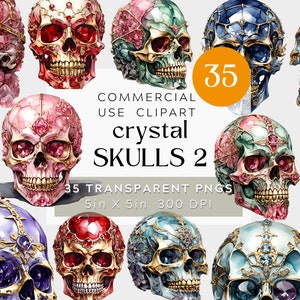 May include: 35 digital illustrations of crystal skulls in various colors, including pink, blue, green, and red. Each skull is adorned with gold accents and intricate details. The skulls are set against a white background.  COMMERCIAL USE CLIPART crystal SKULLS 2 35 TRANSPARENT PNGS 5in X 5in 300 DPI