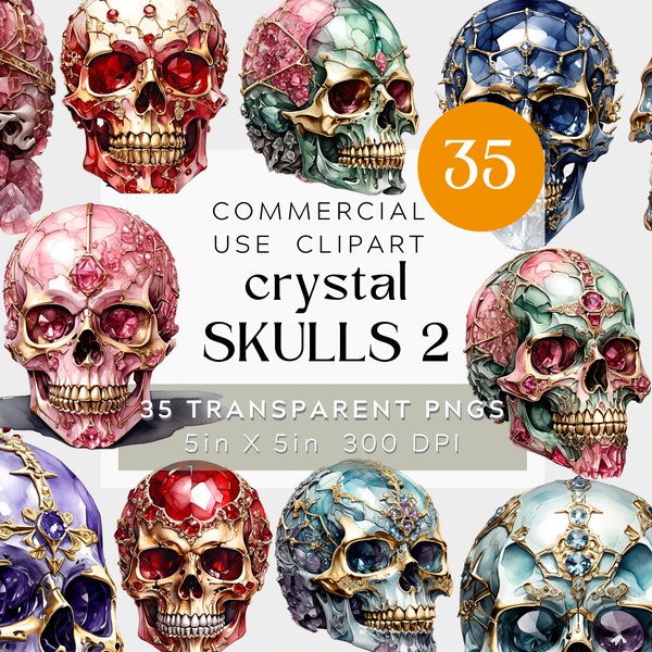 Crystal Skulls 2 Jewels Clipart, Goth Gemstone Clipart, transparent pngs, Digital watercolor BUNDLE jewelled skull, gothic fantasy gemstones