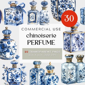 Chinoiserie parfumflesjes, aquarel clipart BUNDEL PNG, transparante achtergrond commercieel gebruik, 300 DPI, toile de jouy mediterraan
