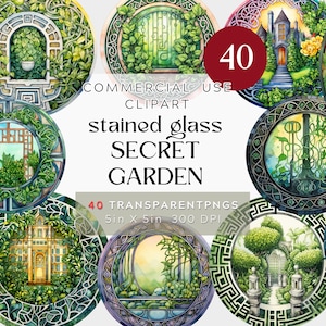 May include: 40 digital illustrations of stained glass windows featuring a secret garden theme. The windows are circular and feature intricate designs with green foliage, flowers, and a variety of architectural elements. The illustrations are perfect for crafting projects, scrapbooking, and digital design.