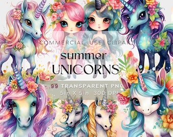 99 PNG Watercolor Summer Unicorn Clipart, Fantasy Colorful Unicorns, Commercial Use, Digital clipart PNG, Transparent Background BUNDLE