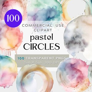 May include: 100 watercolor circles in pastel colors.  These digital clipart images are 5 inches by 5 inches and 300 DPI.  They are perfect for adding a touch of whimsy to your designs.