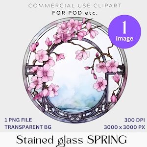 Frühlings-Buntglas, EINZELBILD, kommerzielle Lizenz, transparente PNG, Junk-Journale, Digital, Sublimation, Färbglas Sakura-Blüten