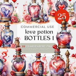 Könnte beinhalten: Ein Set mit 25 digitalen Illustrationen von Liebestrankflaschen. Die Flaschen sind in verschiedenen Formen und Größen, mit einem herzförmigen Design im Inneren. Die Flaschen sind mit verschiedenen Farben gefüllt, darunter Rot, Rosa, Blau und Lila. Die Flaschen sind mit goldenen Akzenten verziert und haben einen Vintage-Look. Die Illustrationen sind perfekt zum Erstellen von Valentinstagskarten, Einladungen und anderen Bastelarbeiten.