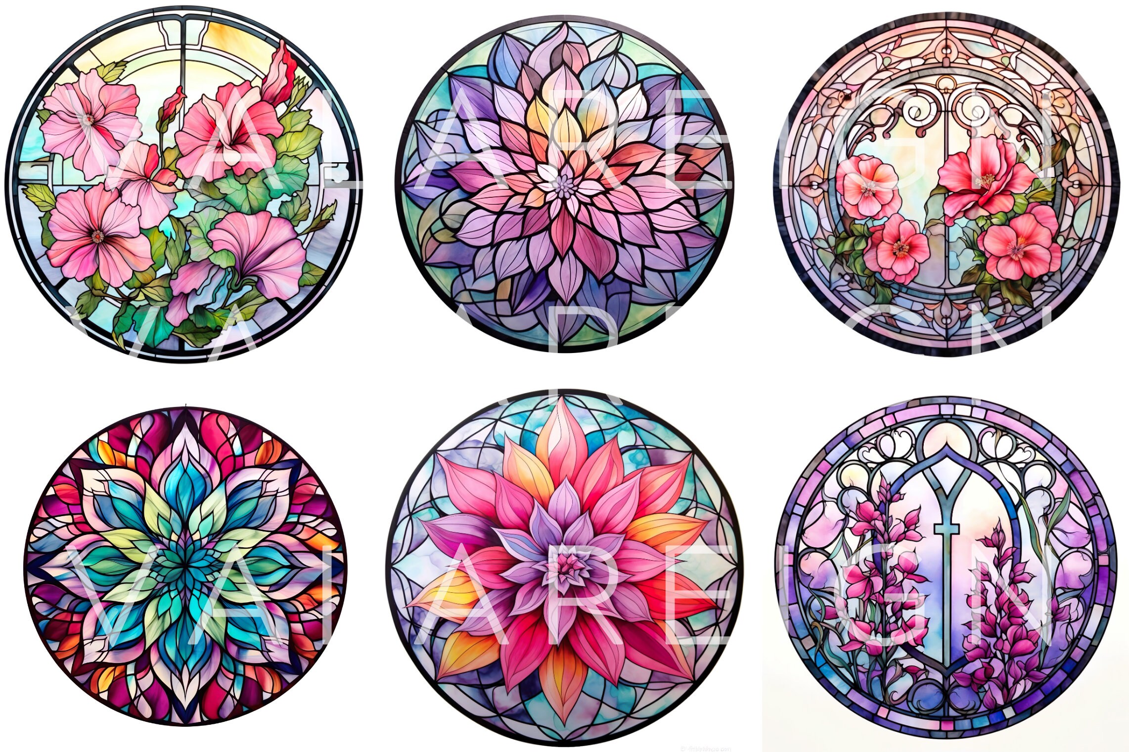 110 PNG Stained Glass Floral Designs, Mandala Watercolor Clipart BUNDLE ...