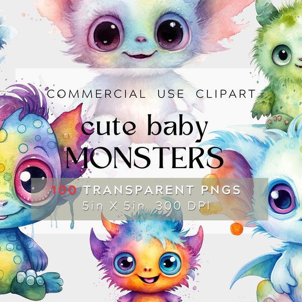 100 PNG Aquarell Baby Monster Clipart Bundle, Fantasy Baby Monster, niedlich kuschelig, Baby Dekor, kommerzielle Nutzung, digitale Clipart Bundle