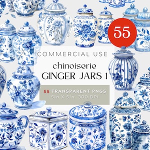 Chinoiserie Ginger Jars Vol 1, Aquarell Clipart BUNDLE PNG, transparenter Hintergrund kommerzielle Nutzung, 300DPI, blau und weiß Delft Chinese
