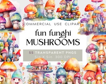 55 PNG aquarelle champignon Clipart, Fantasy bébé champignons, décor de bébé, usage Commercial, clipart numérique PNG, fond Transparent