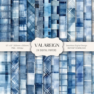 May include: A set of 24 digital papers featuring seamless watercolor patterns in shades of blue. The patterns are geometric and abstract, with a variety of textures and lines. The papers are 12 inches by 12 inches and 300 dpi.