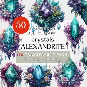 50 Floral Alexandrite Crystals Clipart, June Birthstone Clipart, Gemstone transparent PNG Digital watercolor pack- commercial use bundle