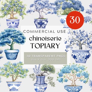 May include: 30 digital illustrations of blue and white chinoiserie topiary trees in pots.  COMMERCIAL USE. 30 TRANSPARENT PNGS 15cm x 15cm 300 DPI