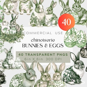 Chinoiserie grün Osterhasen, Aquarell Clipart BUNDLE, transparenter Hintergrund, kommerzielle Nutzung, 300 dpi grün & weiße Eier, Häschen