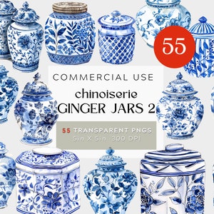 Chinoiserie Ginger Jars Vol2, aquarel clipart BUNDEL PNG, transparante achtergrond commercieel gebruik, 300 DPI, blauw en wit Delfts Chinees