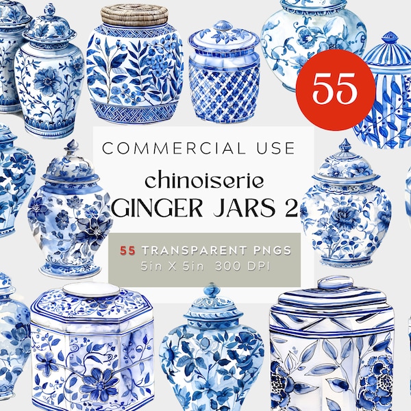 Chinoiserie Ginger Jars Vol2, Watercolor Clipart BUNDLE PNG, Transparent background commercial use, 300DPI, blue and white delft chinese