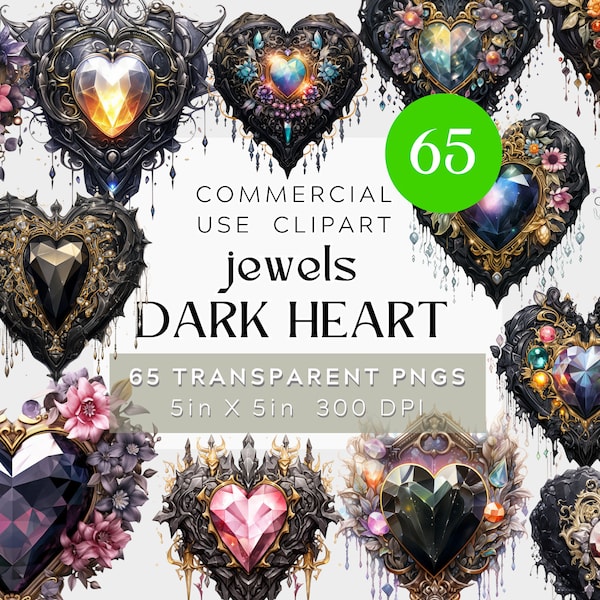 65 Dark Heart black Jewels Clipart, Goth Gemstone Clipart, transparent pngs, Digital watercolor BUNDLE victorian steampunk fantasy gemstones