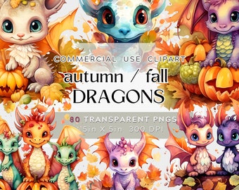 May include: A set of 80 digital illustrations of cute cartoon dragons in autumnal colors. The dragons are wearing fall colors and are holding pumpkins. The illustrations are 5 inches by 5 inches and 300 DPI.