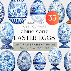 Huevos de Pascua estilo chinoiserie, paquete de imágenes prediseñadas de acuarela PNG, fondo transparente para uso comercial, 300 DPI, huevo de Delft azul y blanco, diario basura